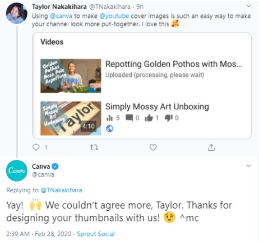 Canva luôn chăm chỉ trả lời lại các tweets của khách hàng.